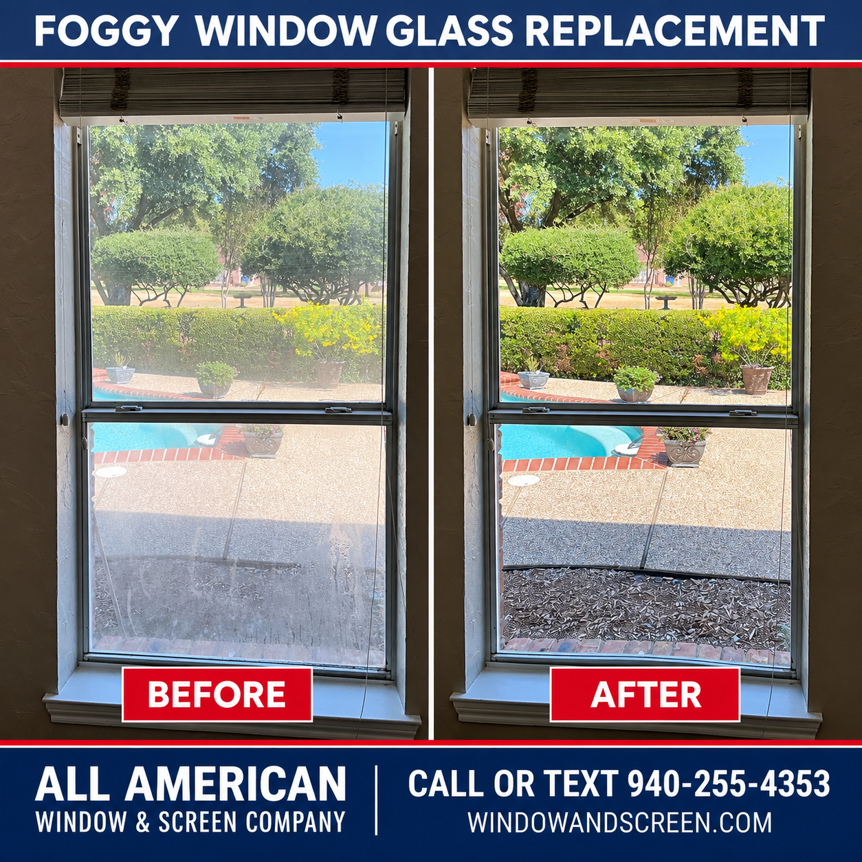 Comparison of a foggy window before and after foggy window glass replacement. The left side shows a cloudy, foggy window with unclear outdoor scenery, while the right side shows a clear, clean window with visible outdoor trees, bushes, and swimming pool.