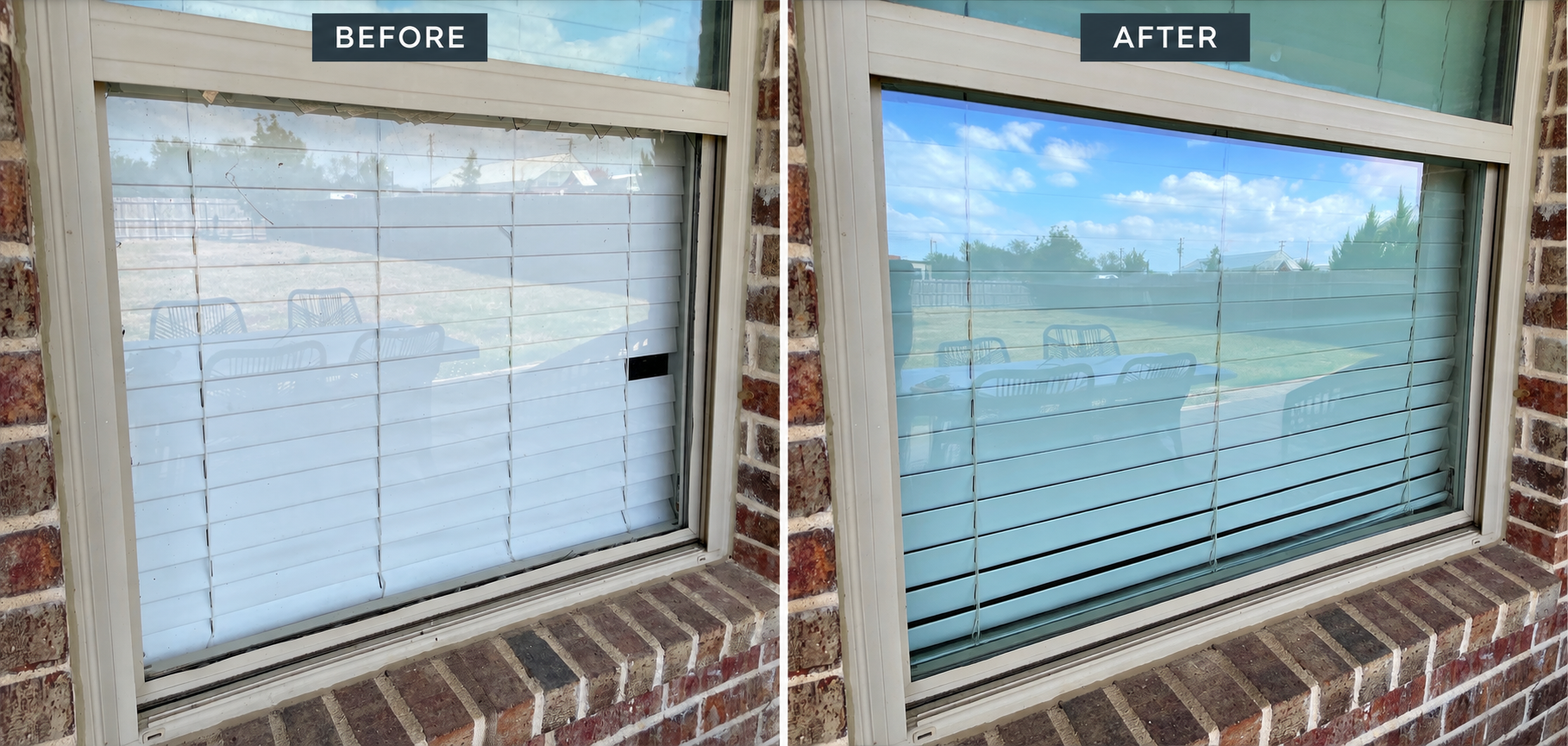 Comparison of a window with white horizontal blinds before and after they are replaced with new blinds, showing the exterior view of a backyard with clouds, trees, and outdoor furniture.