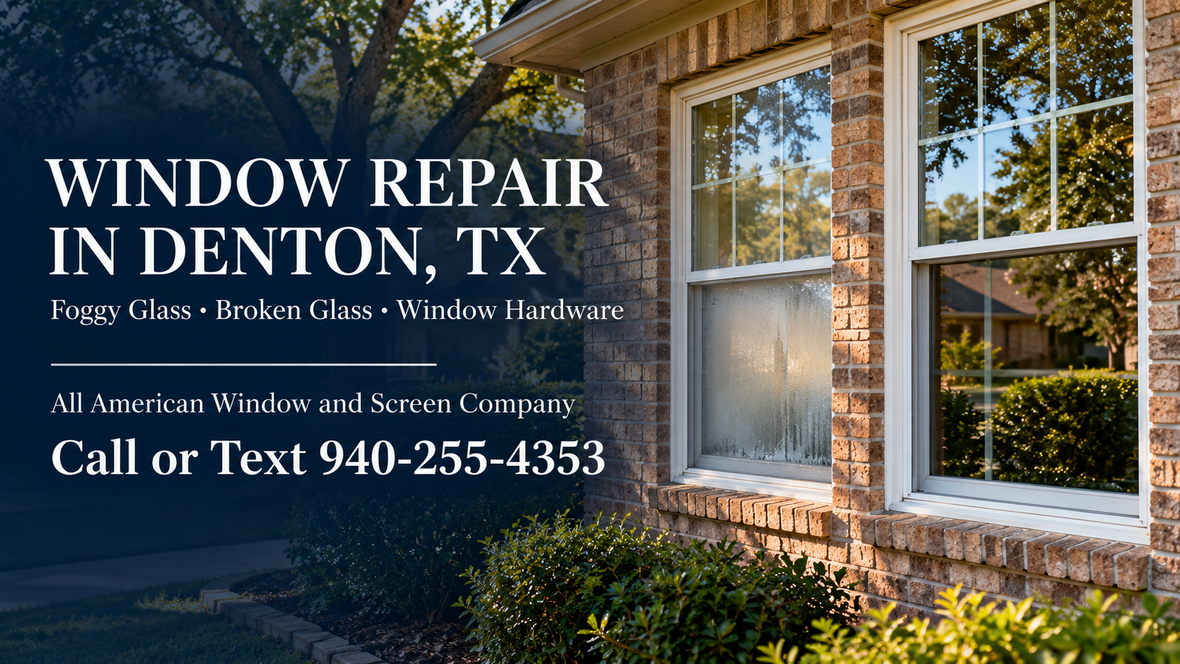 Advertisement for window repair services in Denton, Texas, featuring a brick house with double-glazed windows, some foggy or broken glass, and greenery outside, including trees and bushes.