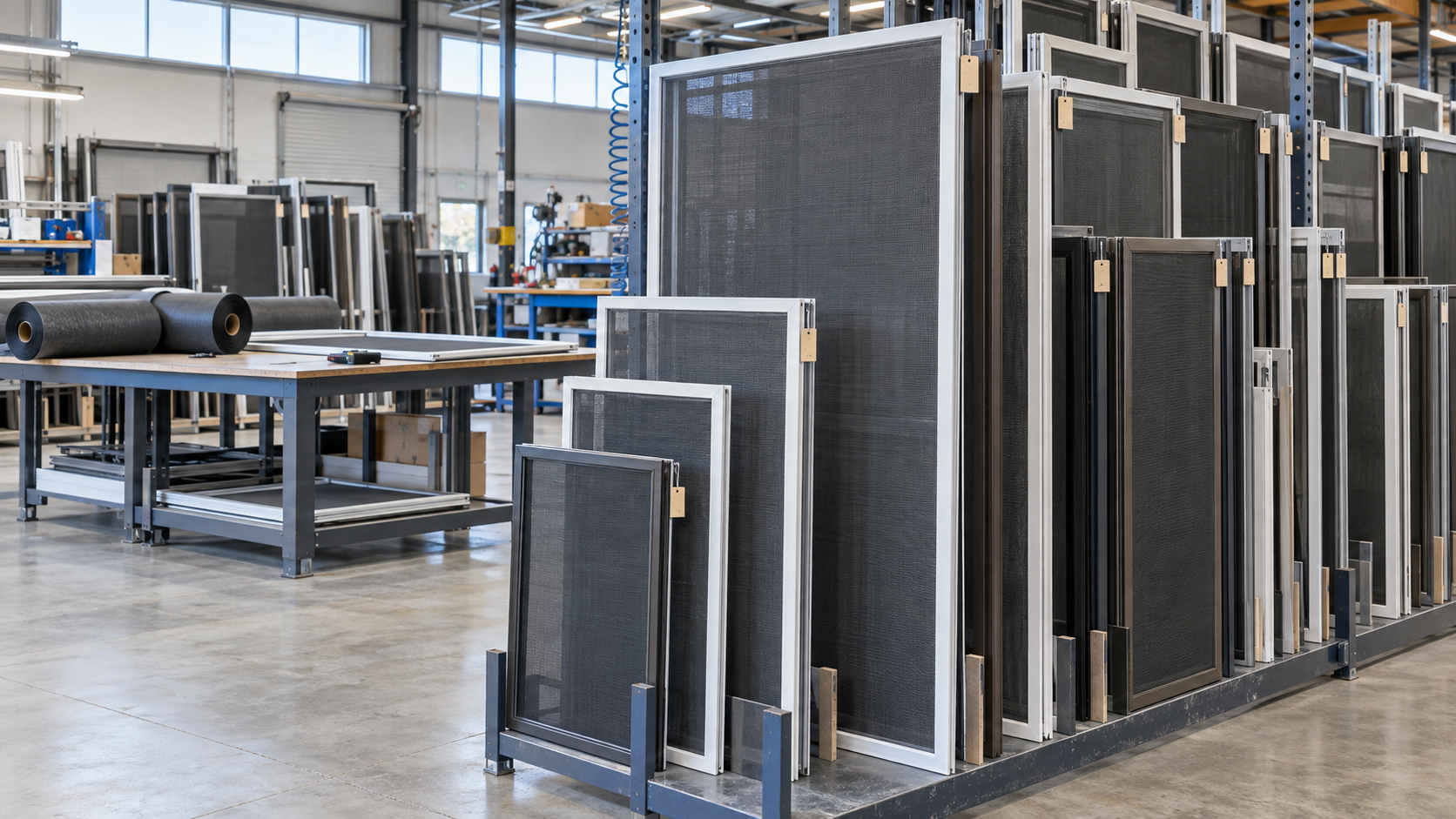 Warehouse with multiple frames of window screens stacked on large metal shelves, workbenches with tools, rolls of screen material, and industrial shelving in the background.
