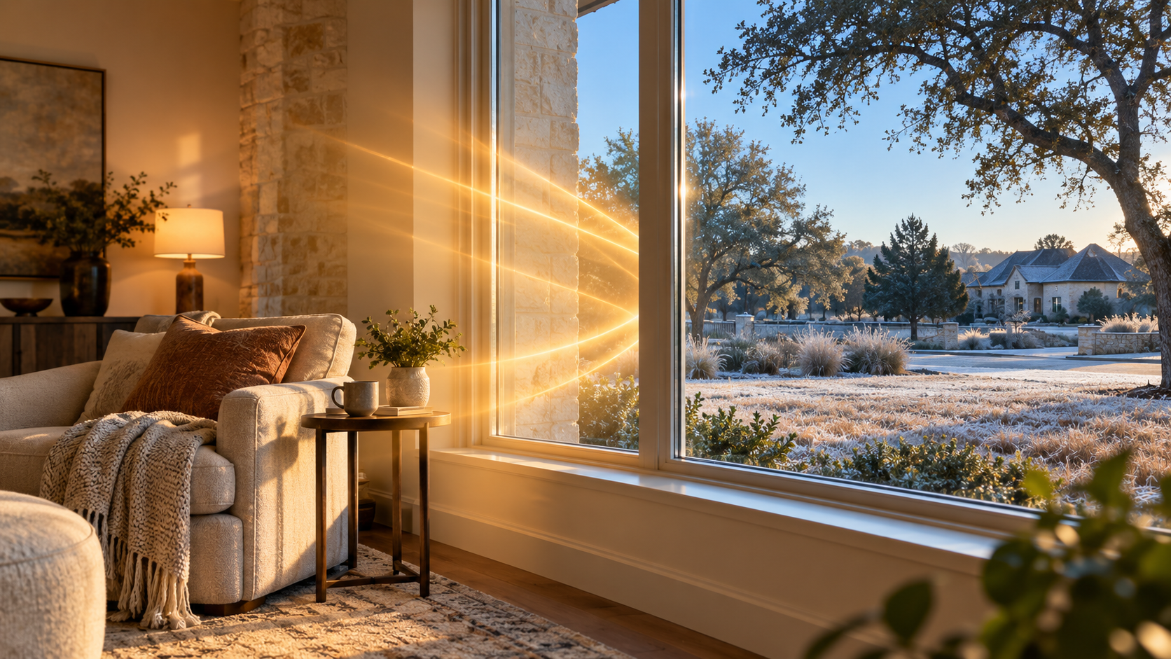 Living room with large window showcasing a sunny winter landscape with trees and houses outside. Inside, there is a sofa with pillows and a blanket, a side table with a potted plant and a cup, and a lamp on a sideboard. Sunlight reflects off the window creating a warm glow.