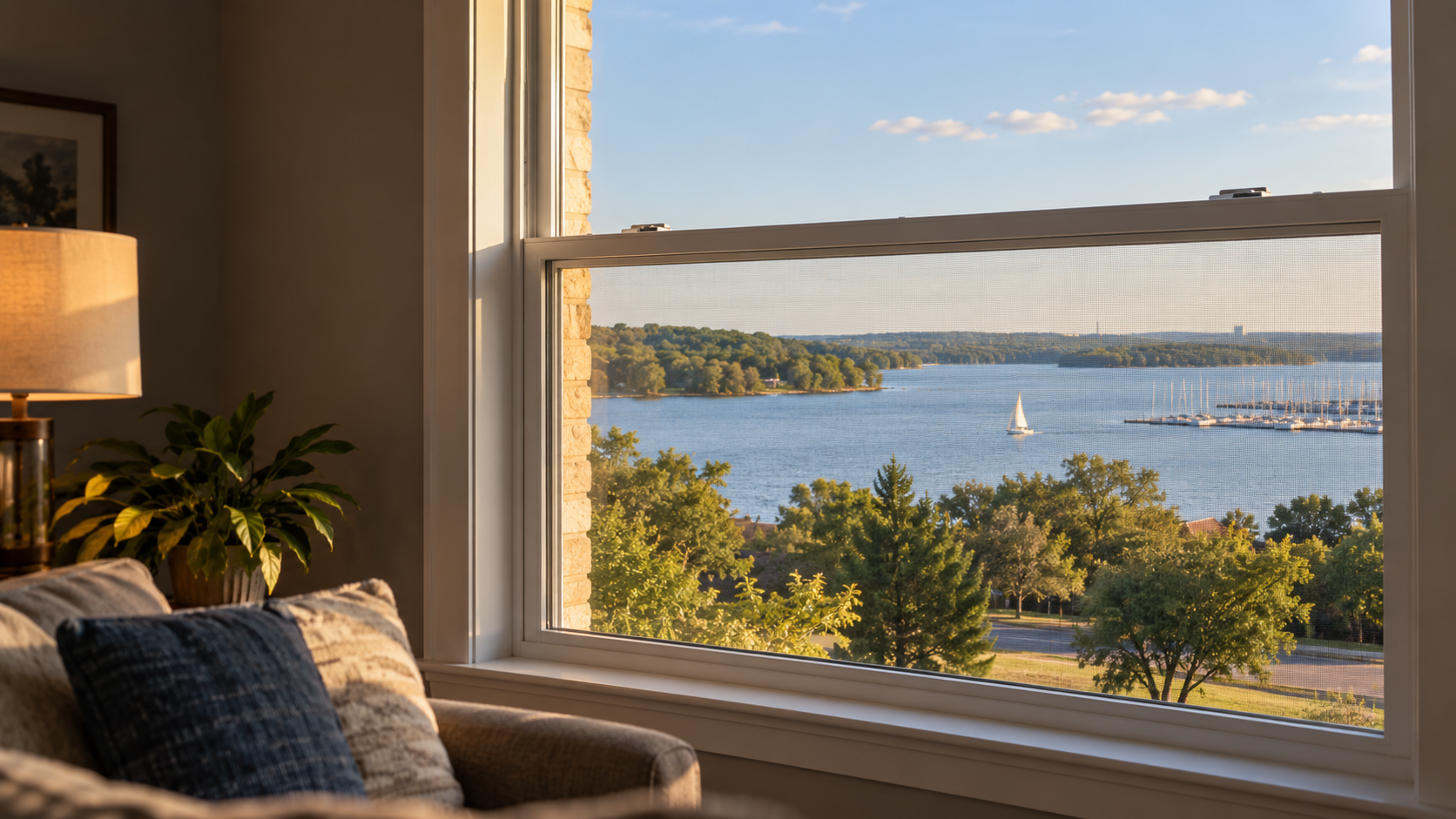 Living room with a large window showing a scenic lake view with trees, sailboat, and marina at sunset.