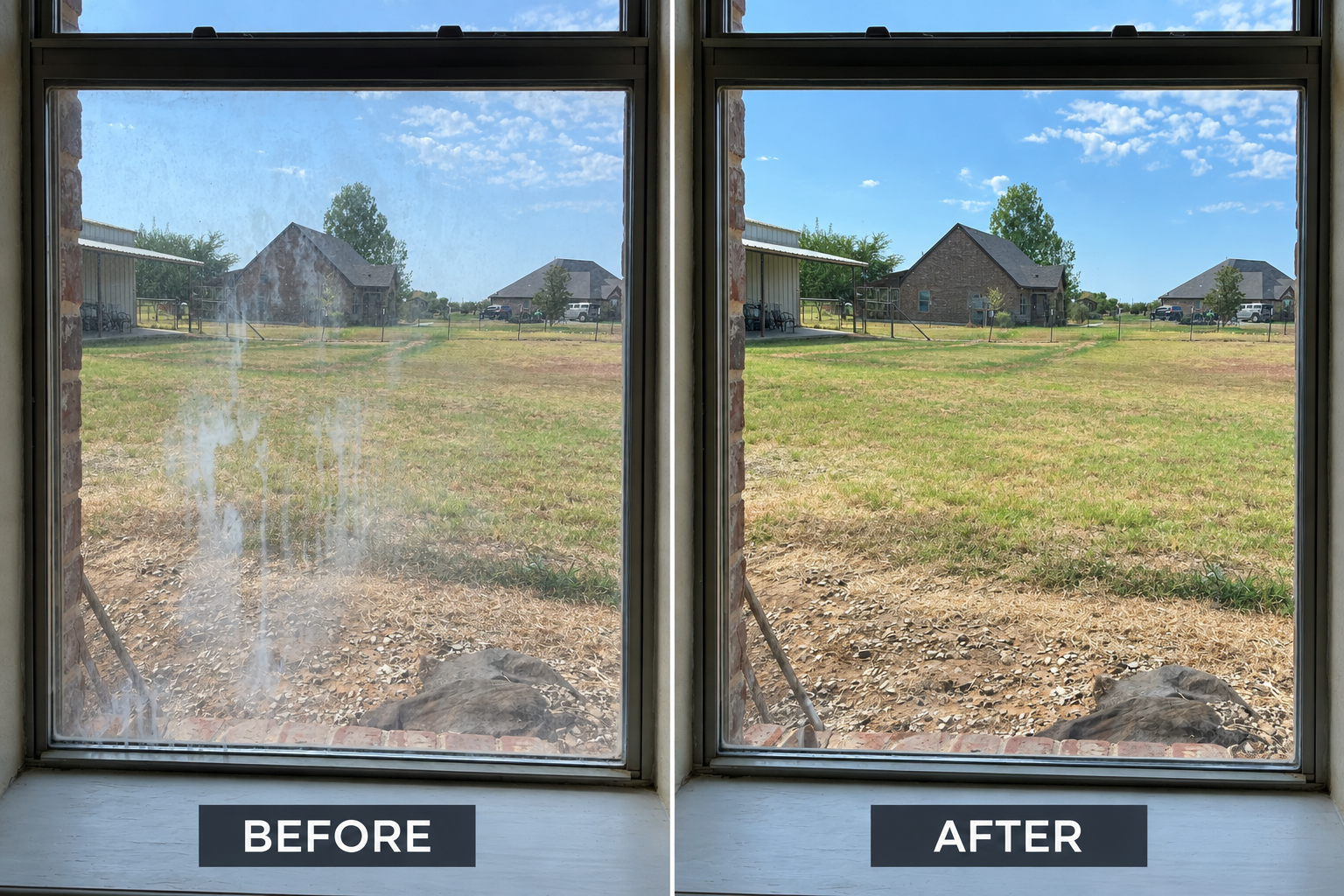 Side-by-side comparison of a window view, with the left side labeled 'BEFORE' showing a dirty, smudged glass with streaks and condensation, and the right side labeled 'AFTER' showing a clean, clear glass offering an unobstructed view of a suburban yard with houses, trees, and a blue sky.