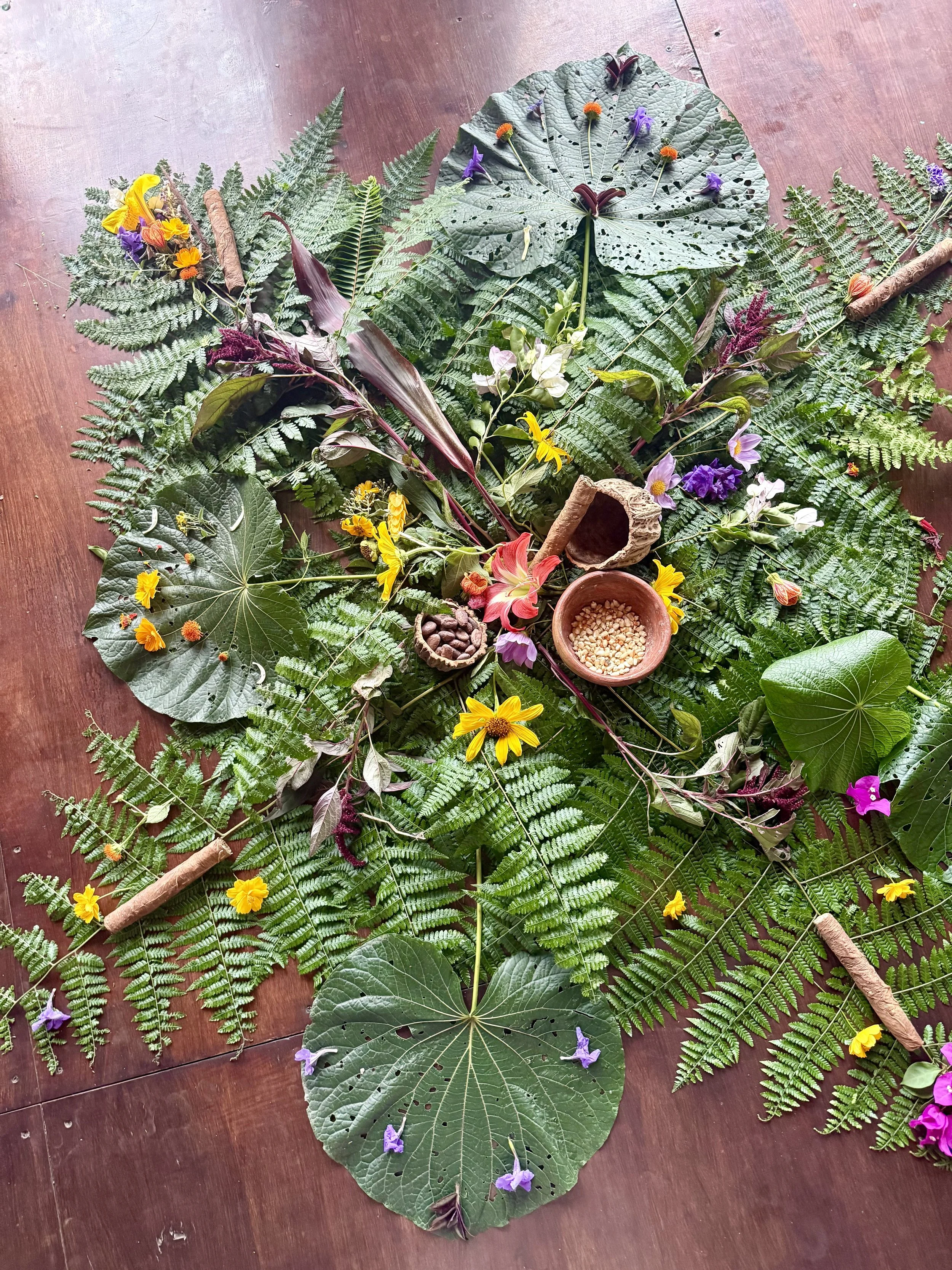 A collection of various green leaves, ferns, and colorful flowers arranged on a wooden surface, with small bowls and cinnamon sticks in the center.