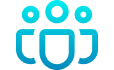 A blue and turquoise icon of three people conveying a team
