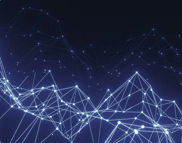 Digital network with interconnected glowing points and lines on a dark background.