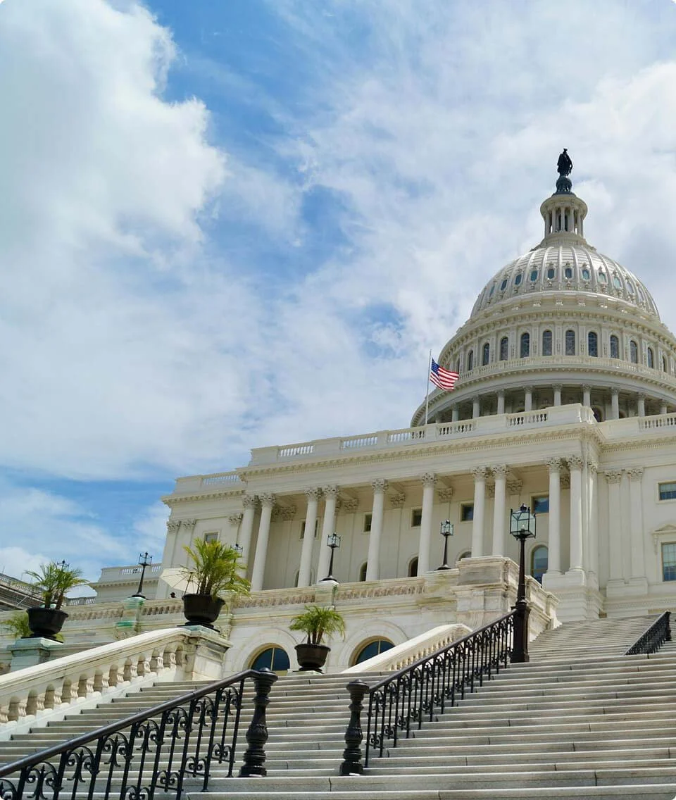 The United States Capitol building in Washington, D.C., with steps leading up to the entrance, potted plants, lamp posts, and an American flag flying near the dome under a partly cloudy sky.