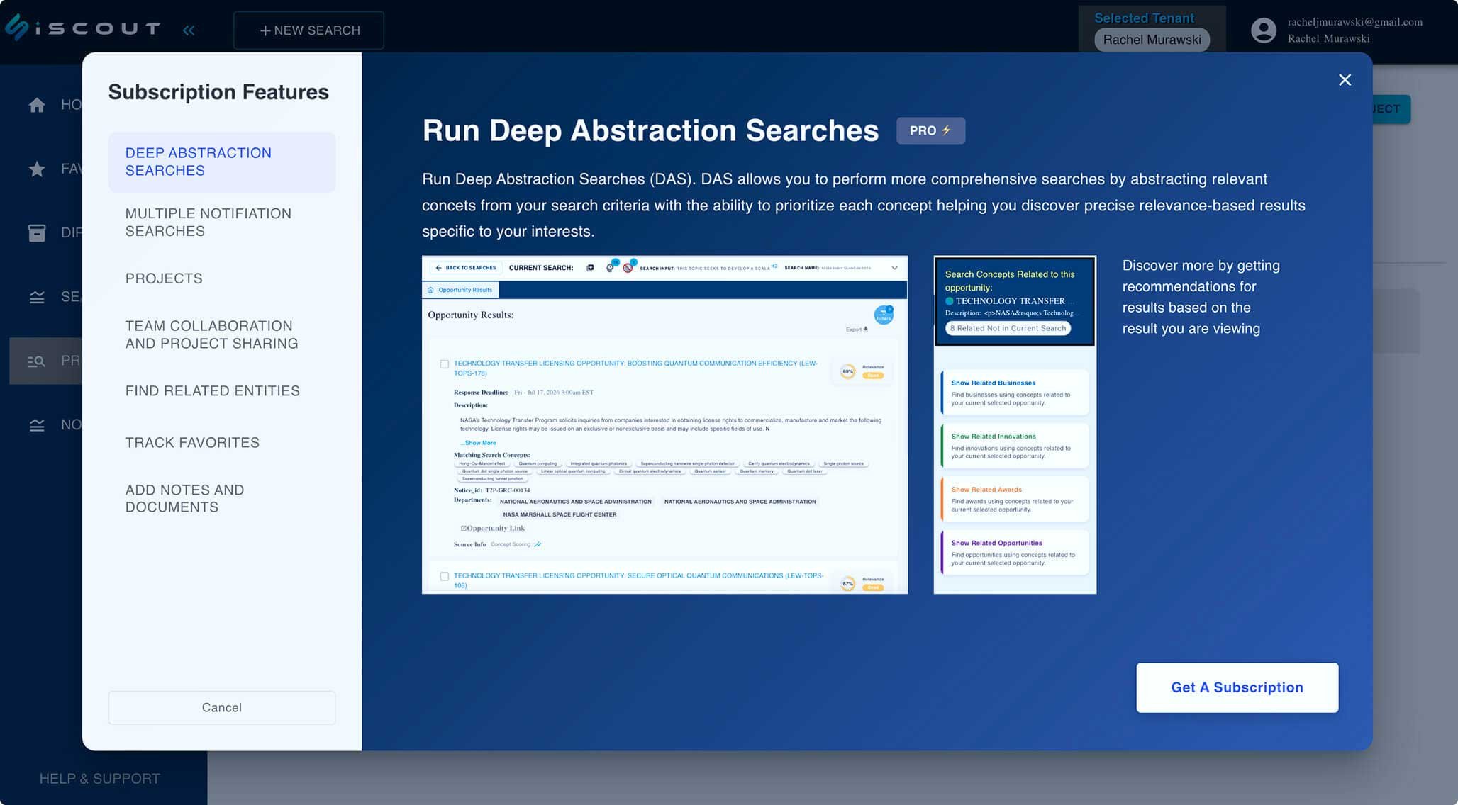 Screenshot of a computer screen showing a software interface for deep abstraction searches in research or data analysis, with menu options on the left and search results on the right.