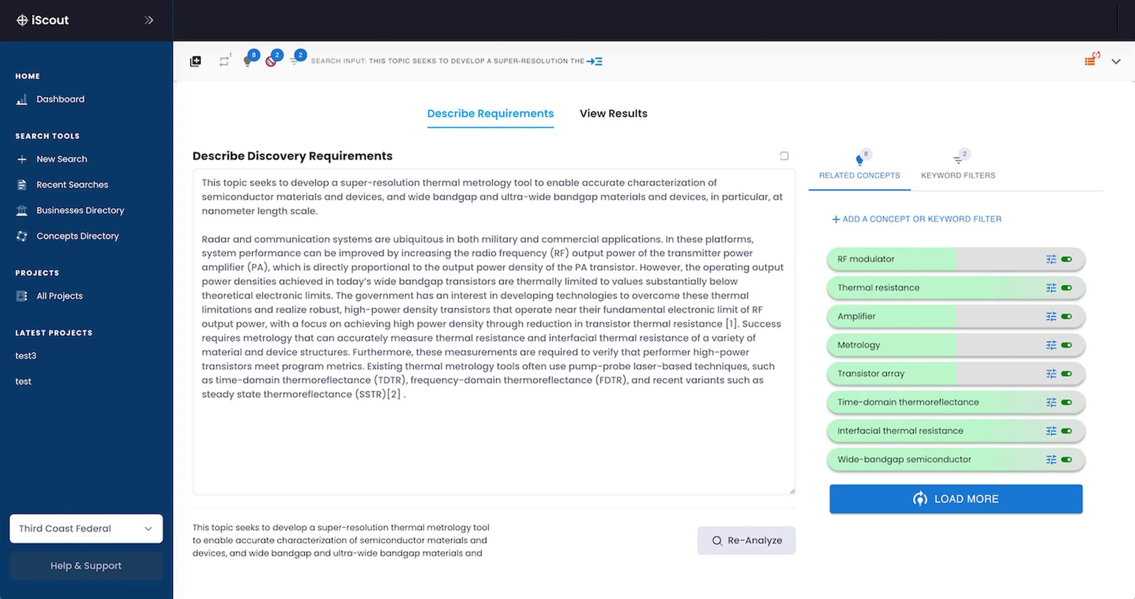 Screenshot of a research platform with a sidebar menu on the left, a main content area with a detailed description of thermal metrology requirements, and a list of related concepts such as RF modulator, thermal resistance, amplifier, and metrology. There are buttons for re-analyzing or loading more concepts at the bottom.