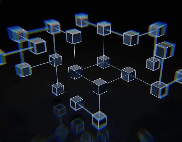 Digital illustration of interconnected 3D glowing transparent cubes with neon accents against a black background.