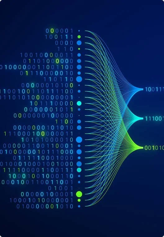 Digital art depicting a neural network with binary code and connecting lines on a blue background.