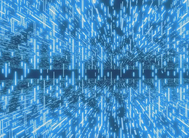 Digital abstract scene with glowing blue LED-like lines and dots creating a tunnel effect.