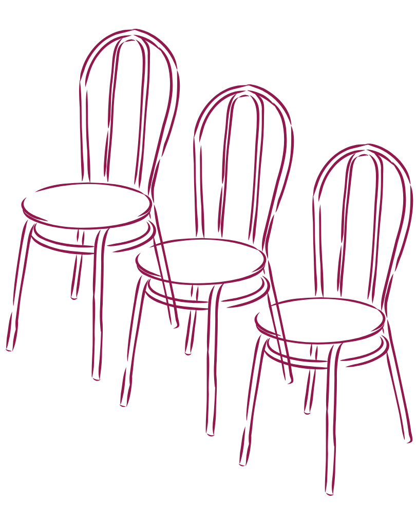 Line drawing of three purple chairs with rounded backs and slatted design, arranged in a row on a black background.