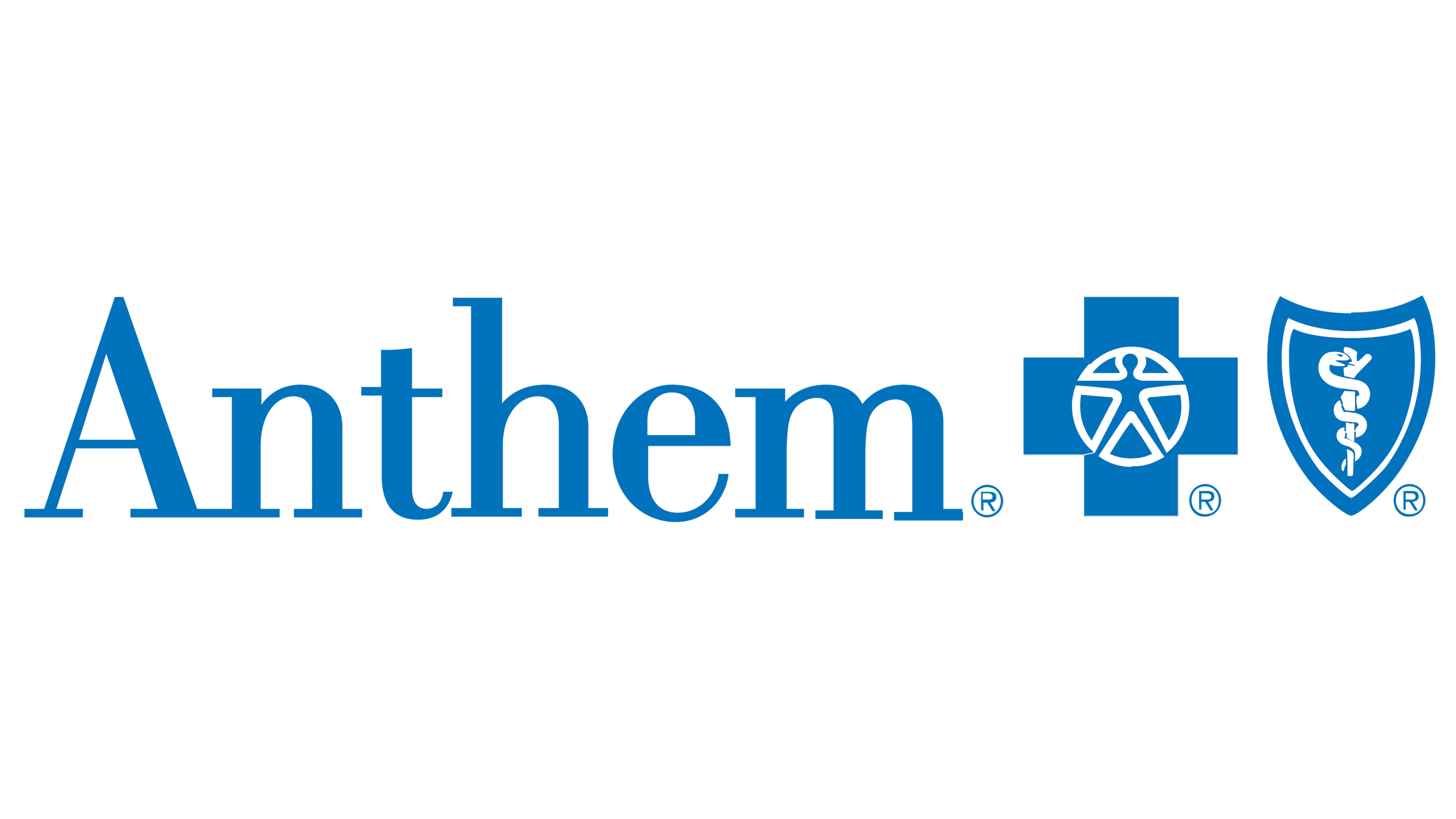 Logo of Anthem, a healthcare company, featuring the word 'Anthem' in blue letters alongside a blue cross with a medical symbol, a blue shield with a medical caduceus, and a trademark symbol.