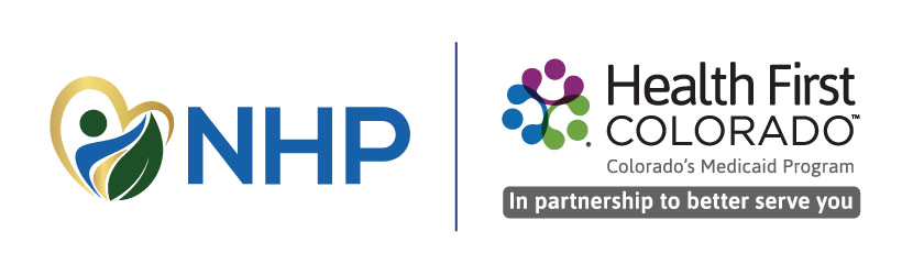NHP logo with stylized heart and leaf design and Colorado Department of Public Health and Environment logo with colorful connected circles, and text indicating health partnership.