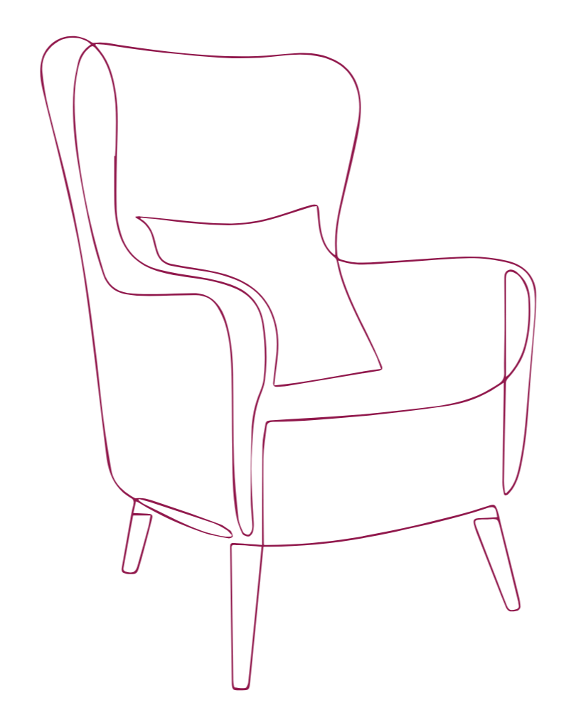 Outline drawing of a modern armchair with curved lines and angled legs.