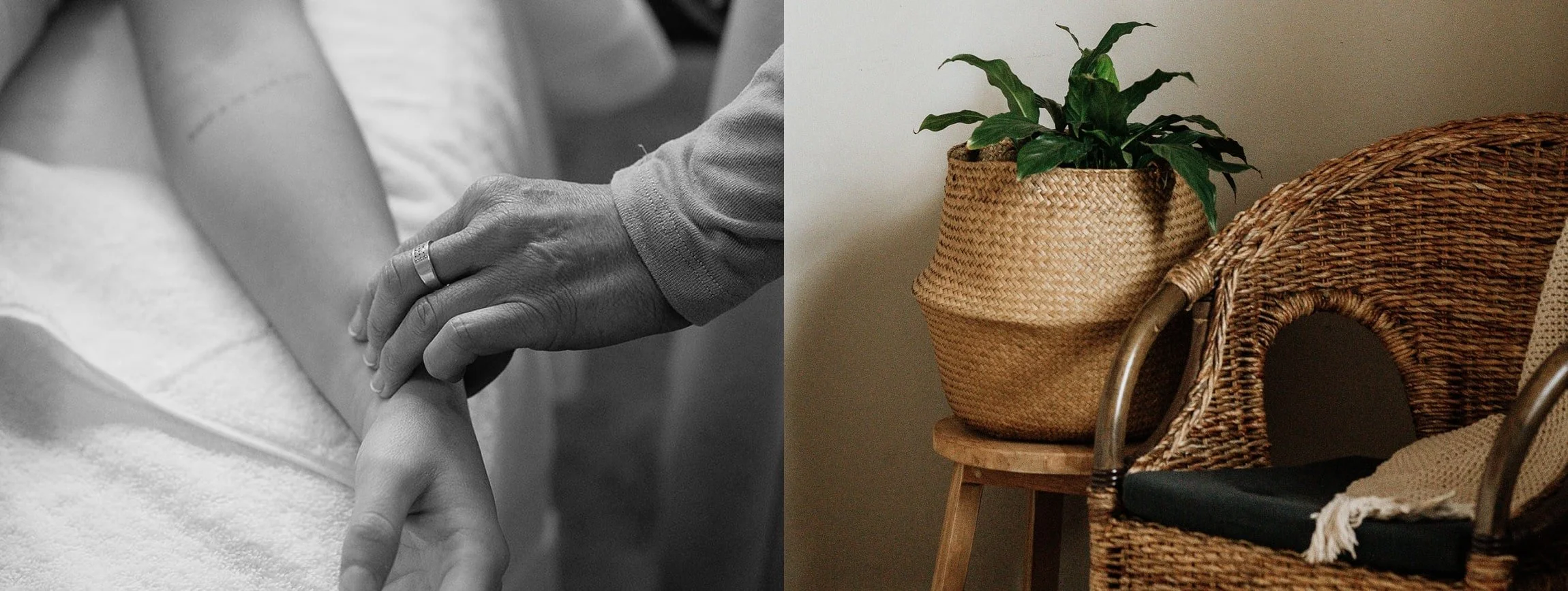 A black-and-white photo of a person holding and supporting the hand of another person, possibly during a comforting moment. Next to it, a living room scene with a wicker chair, a large potted plant, and a soft blanket.