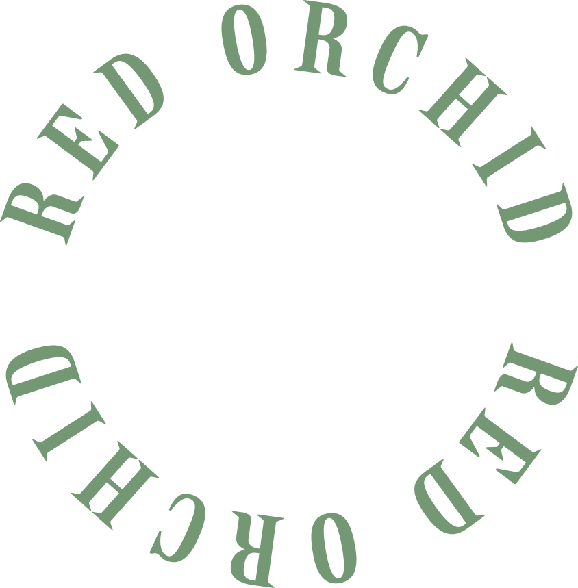 Circular text reading 'Red Orchid' on a black background.