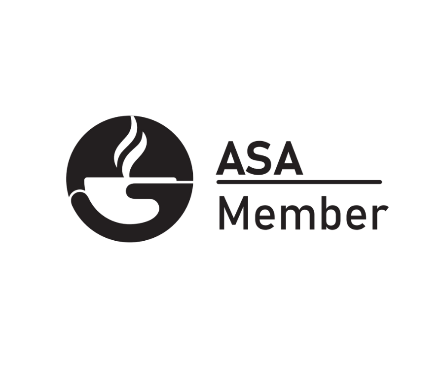 Black and white logo featuring a steaming coffee cup icon and the text "ASA Member"