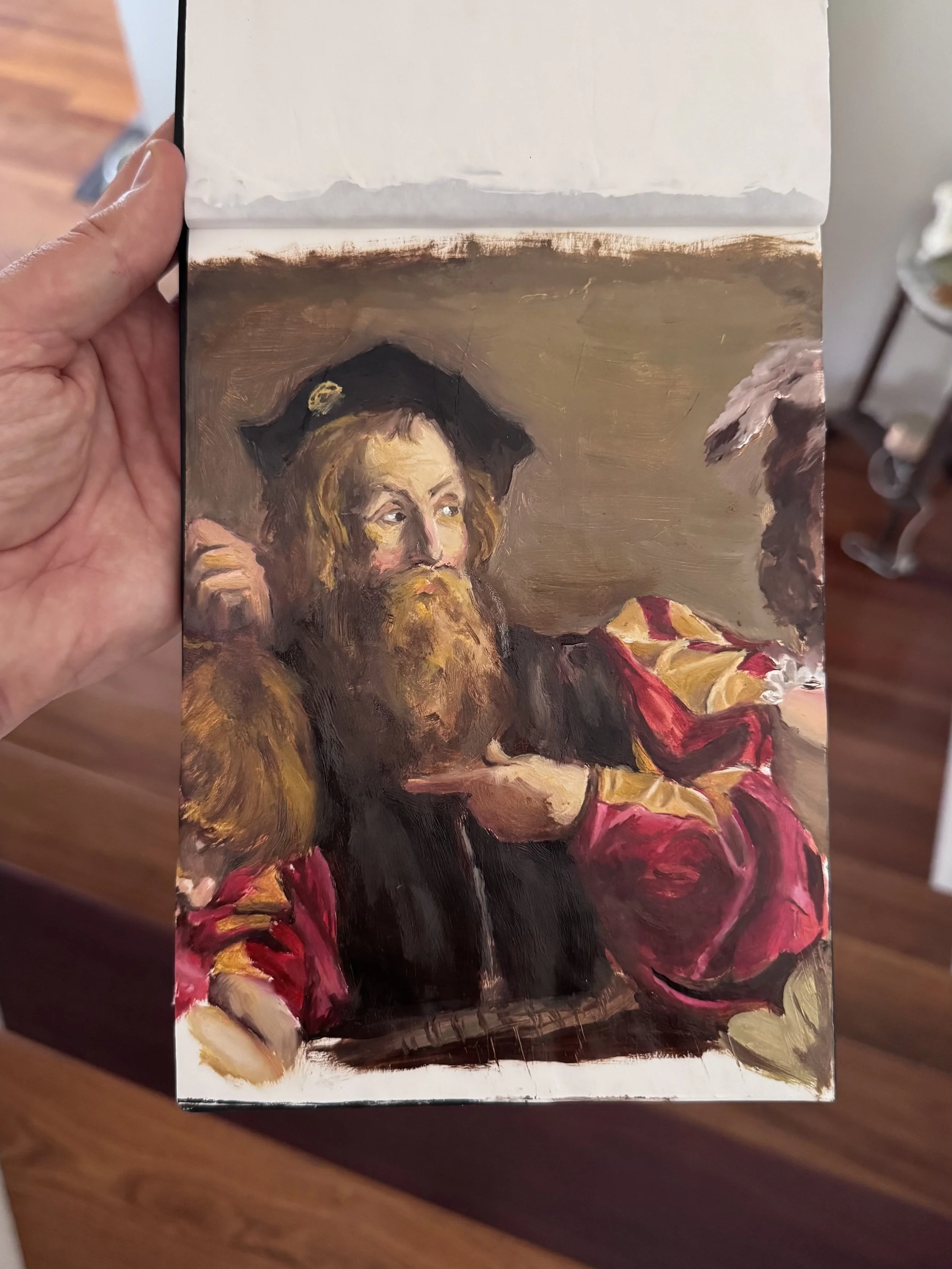 A painting of a man with a beard and long hair wearing a black hat and a red and gold garment, resting his chin on his hand.