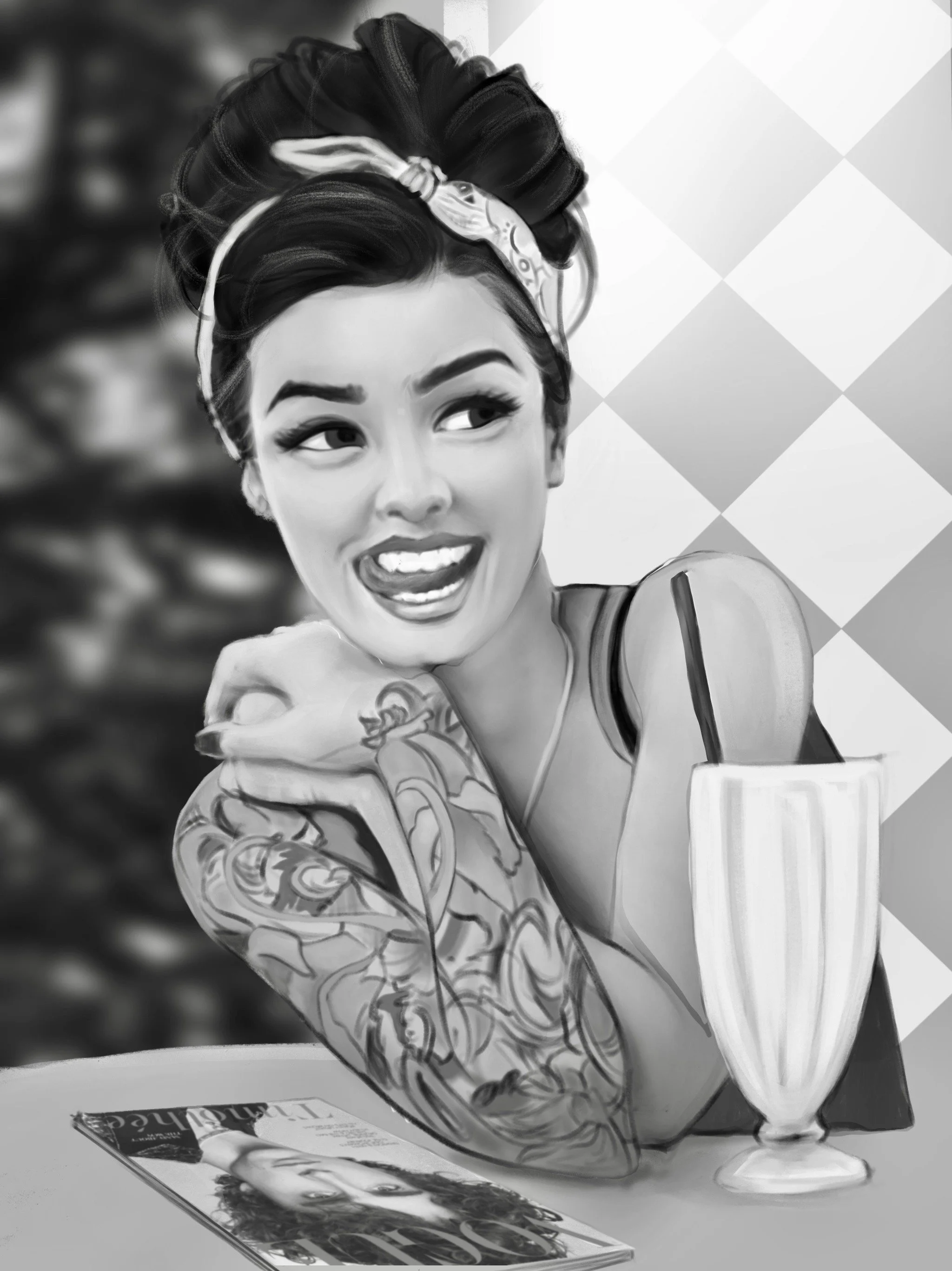 Black and white illustration of a woman with a tattooed arm, wearing a headscarf, making a playful face with her tongue out, sitting at a table with a magazine and a drink.