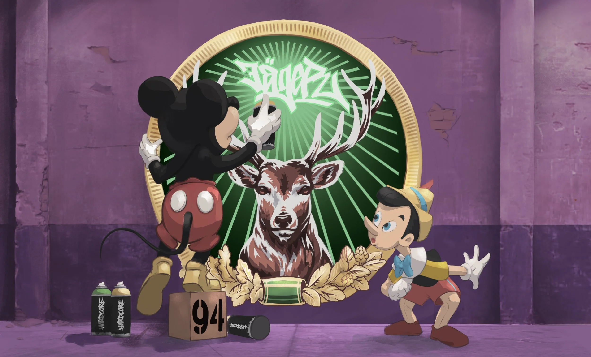 Animated scene with Mickey Mouse on the left spray-painting graffiti on a circular board featuring a deer's head, with another animated character on the right wearing a yellow hat and red shorts, gesturing towards Mickey Mouse. Graffiti spray cans and a box labeled '94' are on the ground in front of them.