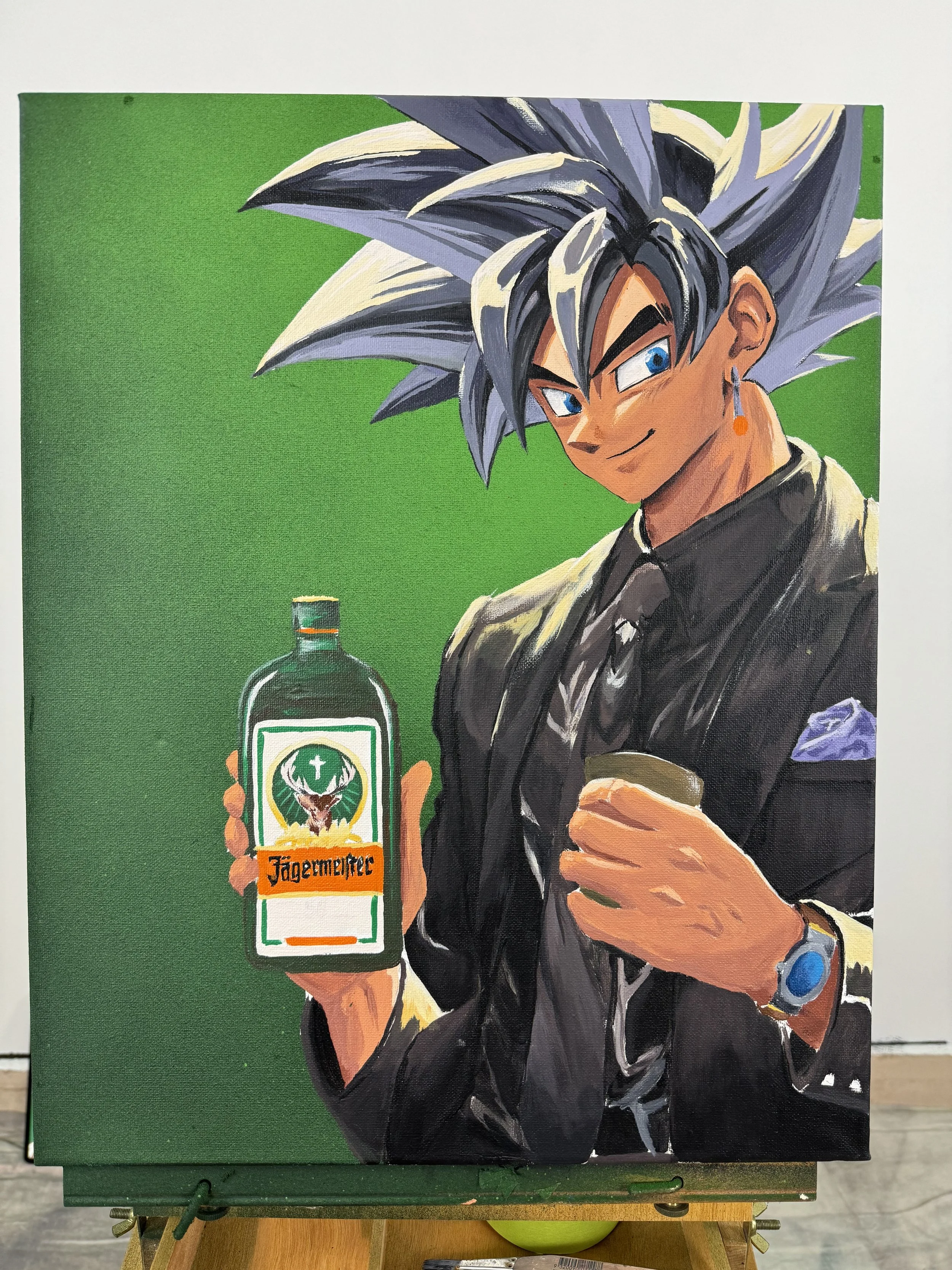 A painting of a male character with spiky gray and white hair, wearing a black suit and an earring, holding a bottle of Jägermeister and a shot glass, set against a bright green background.