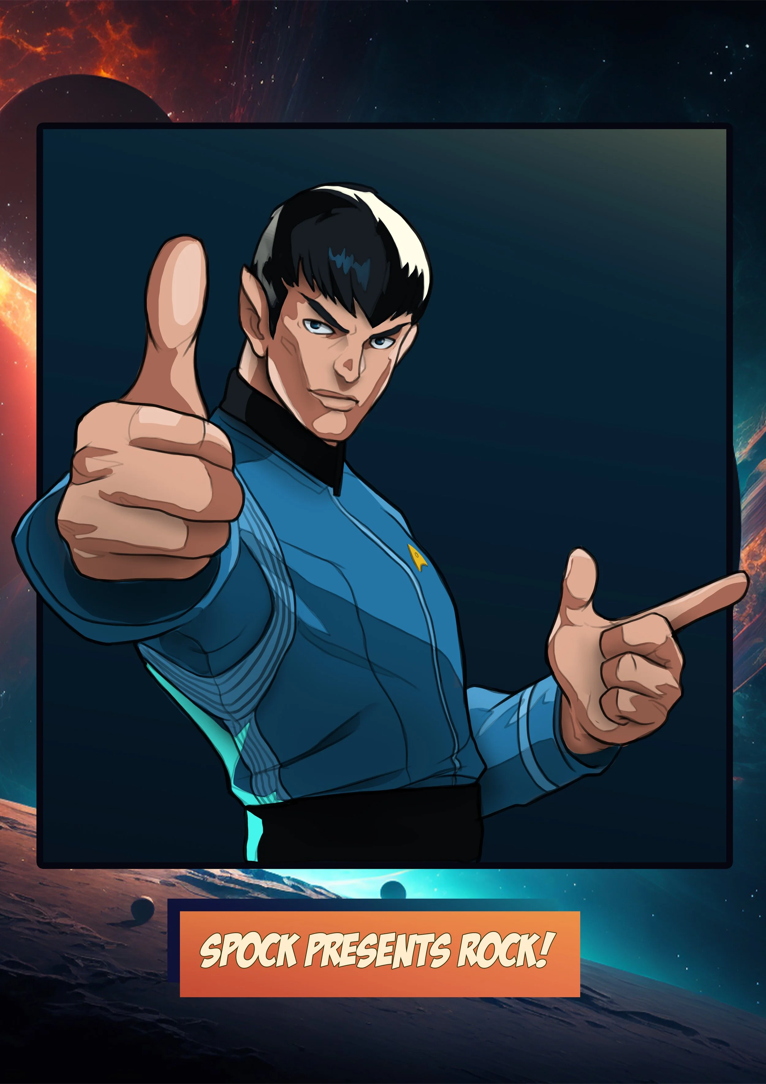 A cartoon of Spock from Star Trek in a blue uniform, giving a thumbs up, with a space background and the text 'Spock Presents Rock!'