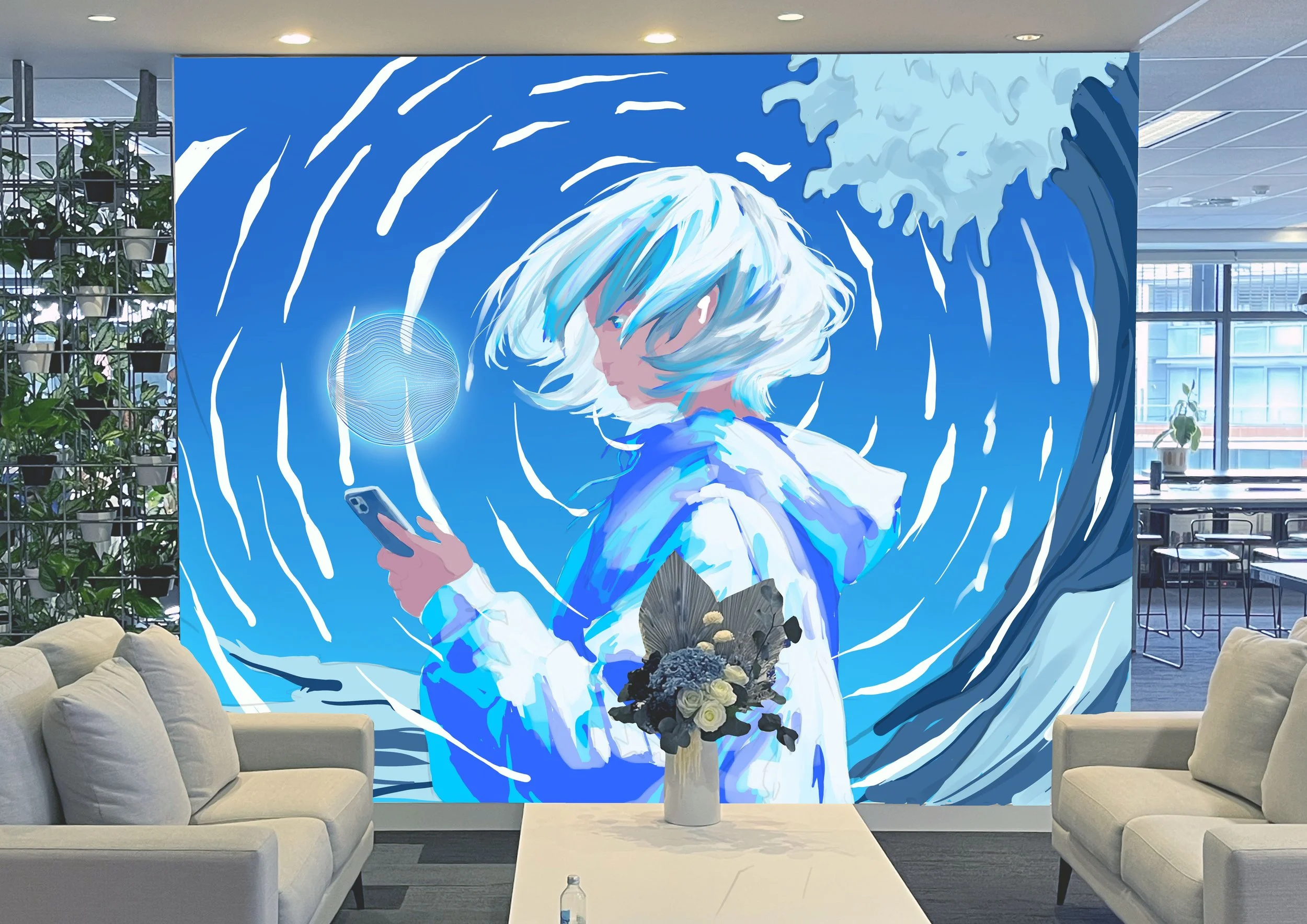 A vibrant blue and white mural of a girl with short, messy hair looking at her phone, surrounded by swirling lines and abstract elements, with a vase of flowers in front of the mural in an indoor lounge area.