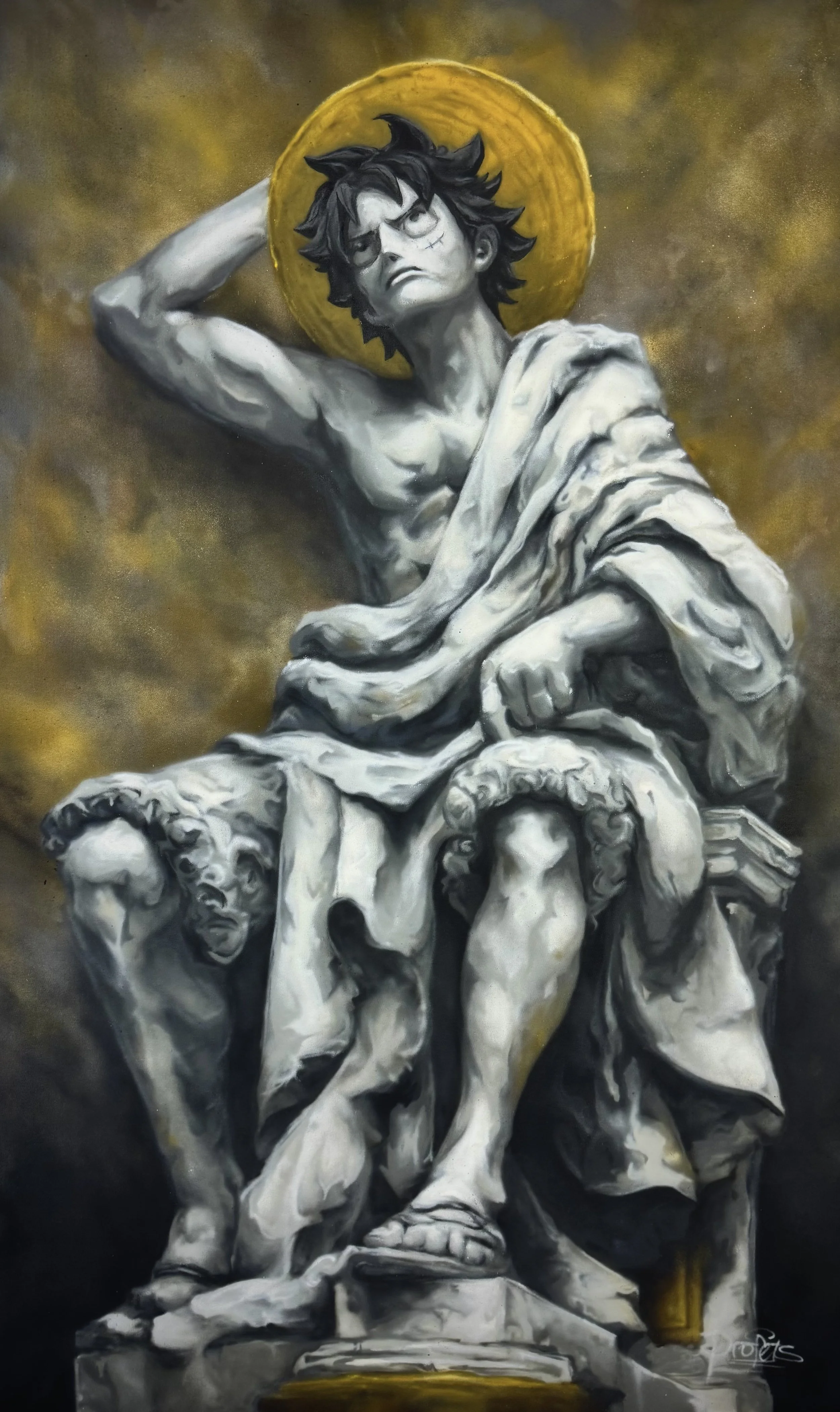 Divine Anime Heroes series, this original hand-sprayed work reimagines Monkey D. Luffy as a classical figure of a Renaissance sculpture, crowned with a golden halo against a rich, textured background. Inspired by the Baroque masters.