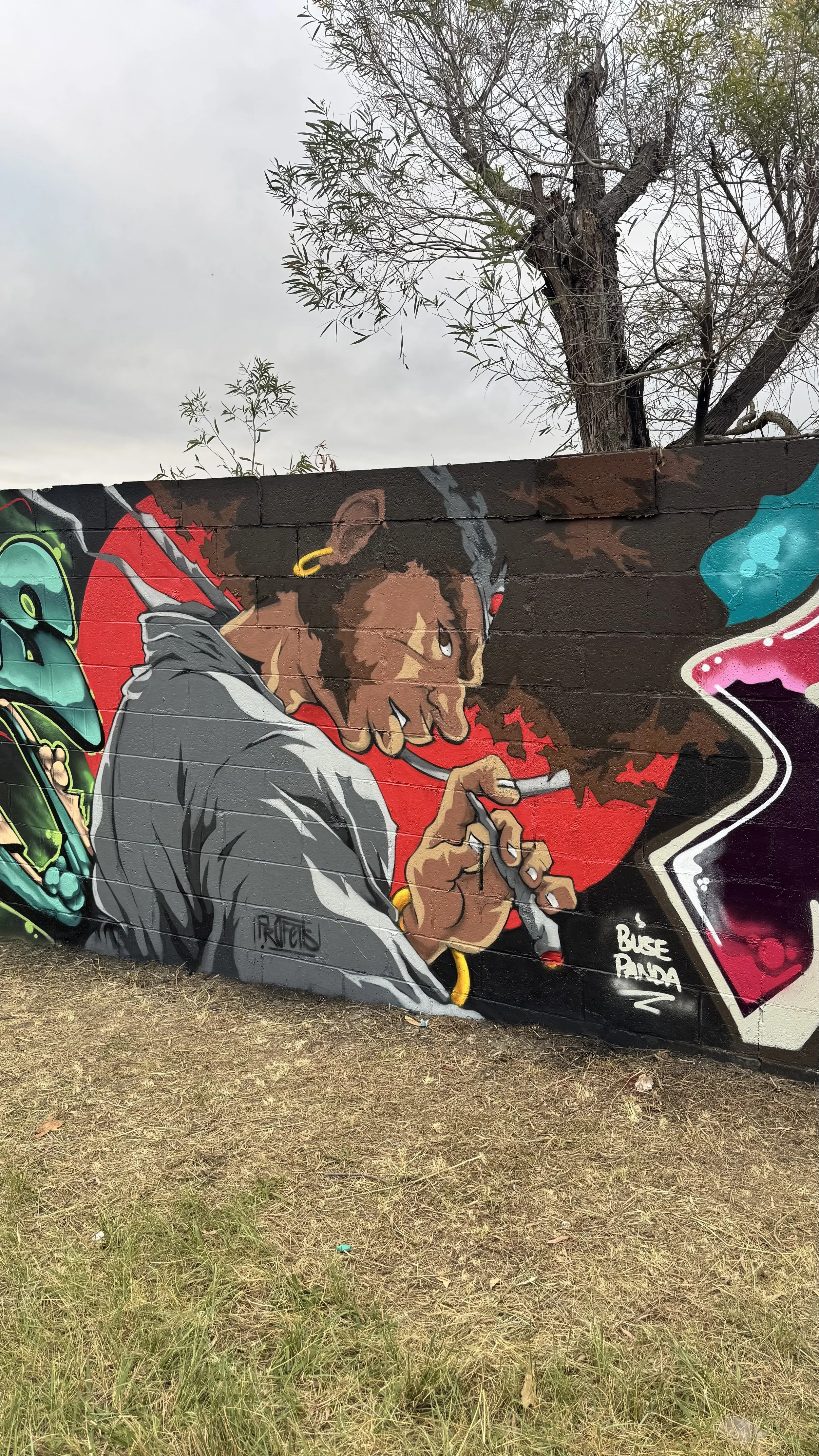 Graffiti mural of a person with dreadlocks, earrings, and a gray hoodie, smoking a cigarette on a brick wall outdoors, with a tree and overcast sky in the background.