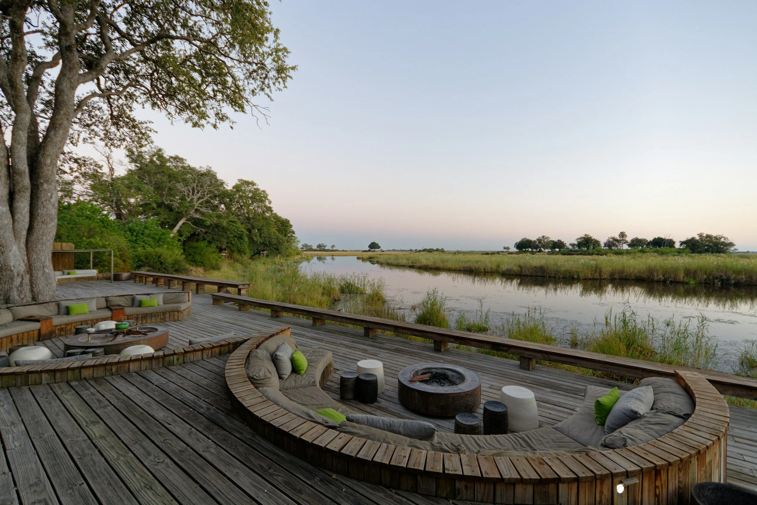 Safari lodge deck overlooking the Okavango River, Botswana.