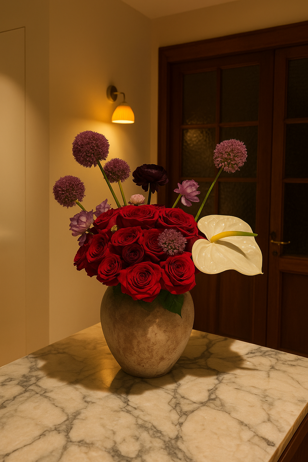 A floral arrangement in a vase on a marble table, featuring red roses, purple alliums, pink anemones, and a white calla lily in a warmly lit room.