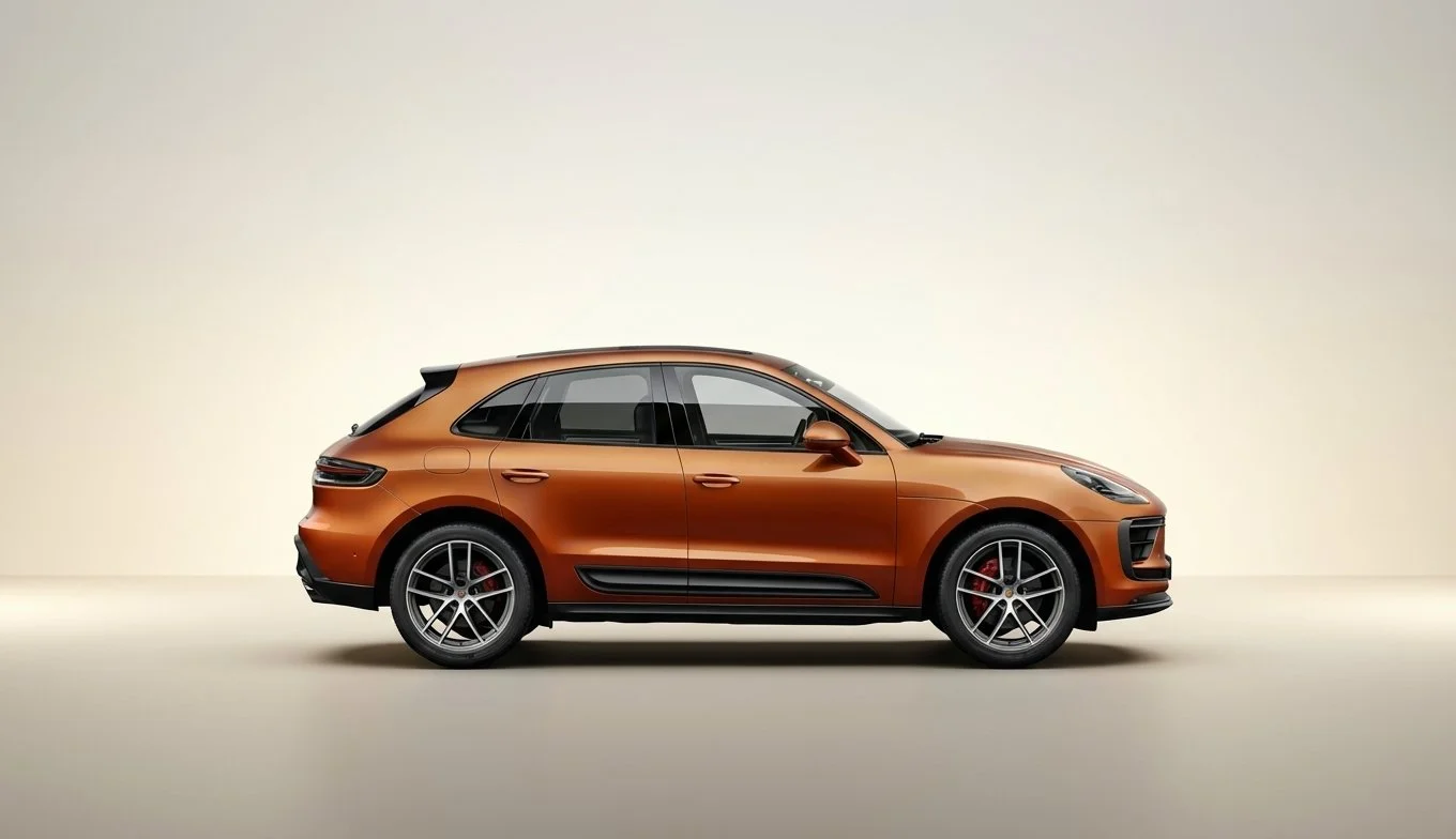 Side view of an orange SUV parked indoors on a light beige floor against a beige background.