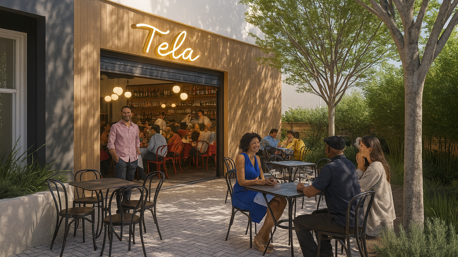 Outdoor patio of a restaurant with people dining, some seated at tables outside, a woman in a blue dress, a man in a dark shirt and cap, and a woman in a beige sweater. Inside, more diners are visible through the open entrance, with warm lighting and shelves of bottles behind the bar. The restaurant sign reads 'Tela'.