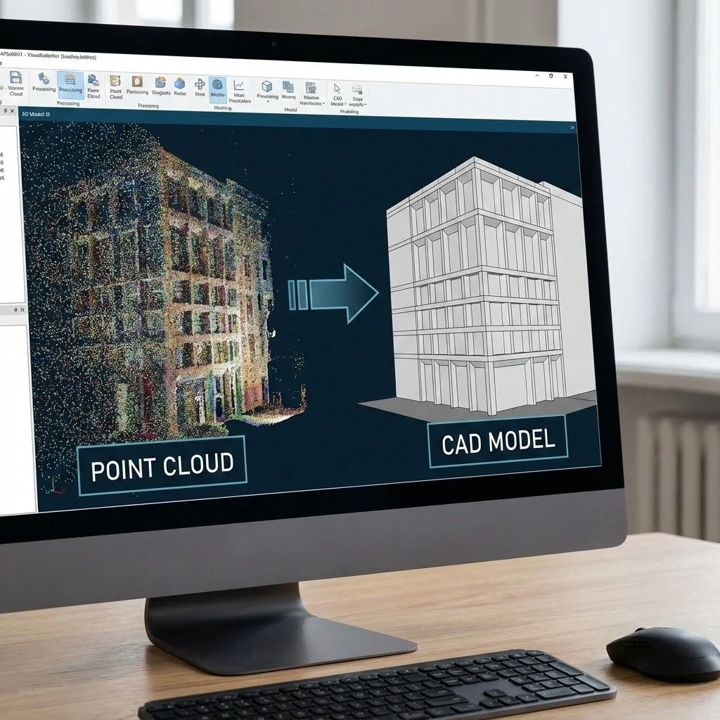 Point cloud to CAD conversion showing 3D scan data transformed into CAD drawings