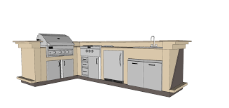 Kitchen with beige cabinets, a stainless steel grill, oven, and sink, and a beige countertop.