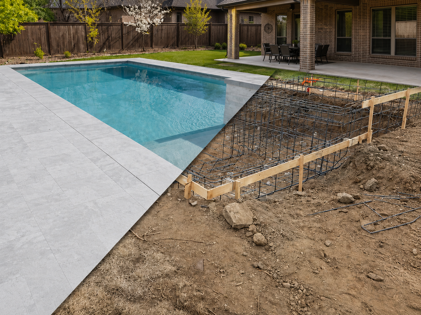 A backyard with a swimming pool on the left and a new concrete foundation with rebar and wooden framing under construction on the right.