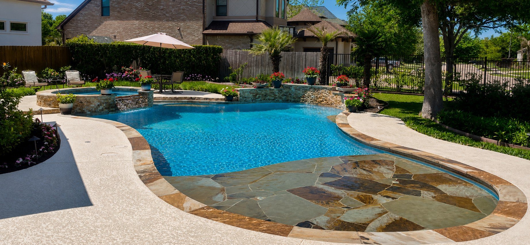 Backyard backyard with a swimming pool, hot tub, lounge chairs, umbrellas, trees, and flower beds.