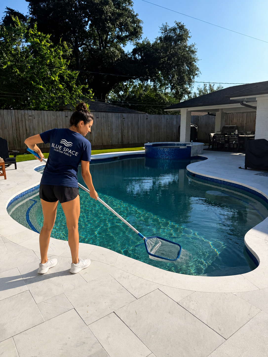 A blue robotic pool cleaner submerged in a swimming pool, moving along the pool floor near the lane line.