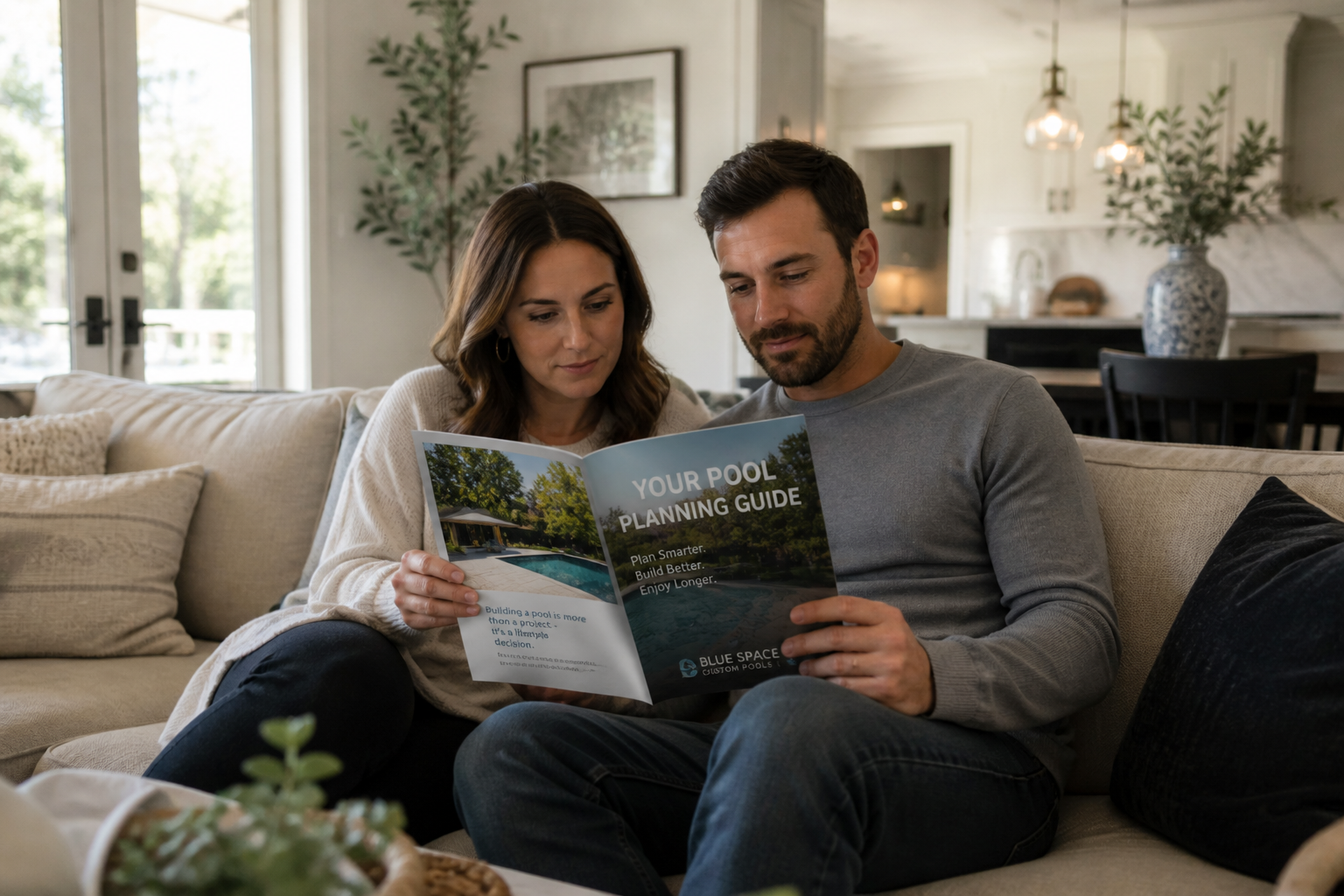Houston Texas couple reviewing a pool cost guide at home before building a custom backyard swimming pool