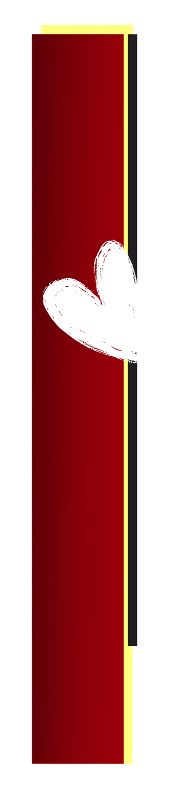 Ein vertikales Design mit einem roten Hintergrund, einem weißen Herz in der Mitte und einem schwarzen Rand. Der obere Rand hat eine gelbe Linie.