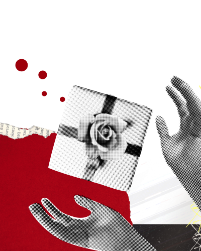 Hand hält ein schwarz-weißes Bild einer Rose, vor einem roten und schwarzen Hintergrund.