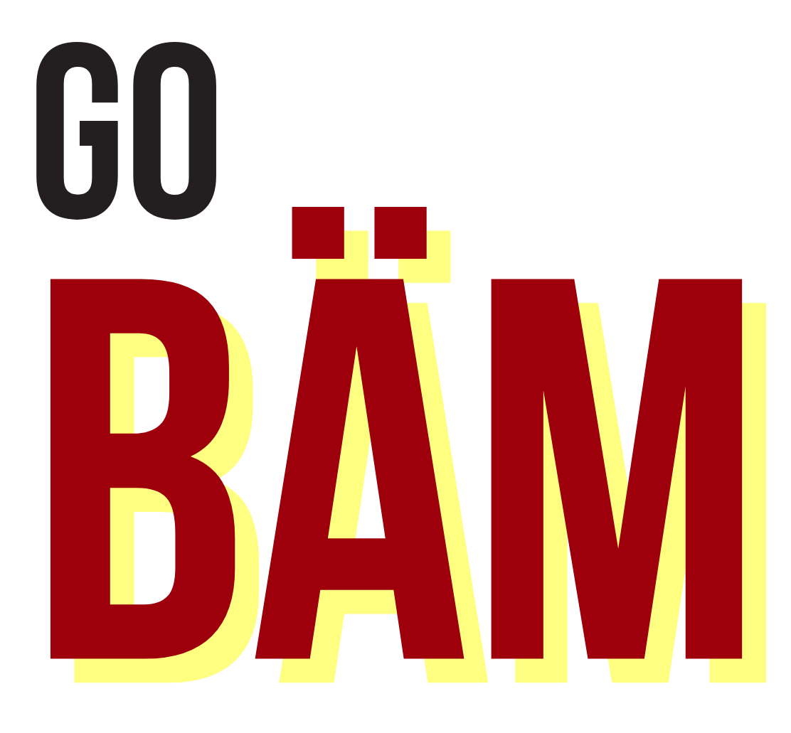 Der Text 'GO BÄM' in großen roten Buchstaben mit gelbem Schatten auf schwarzem Hintergrund, mit zwei kleinen roten Quadraten mit gelbem Rahmen oben auf dem Buchstaben 'Ä'.