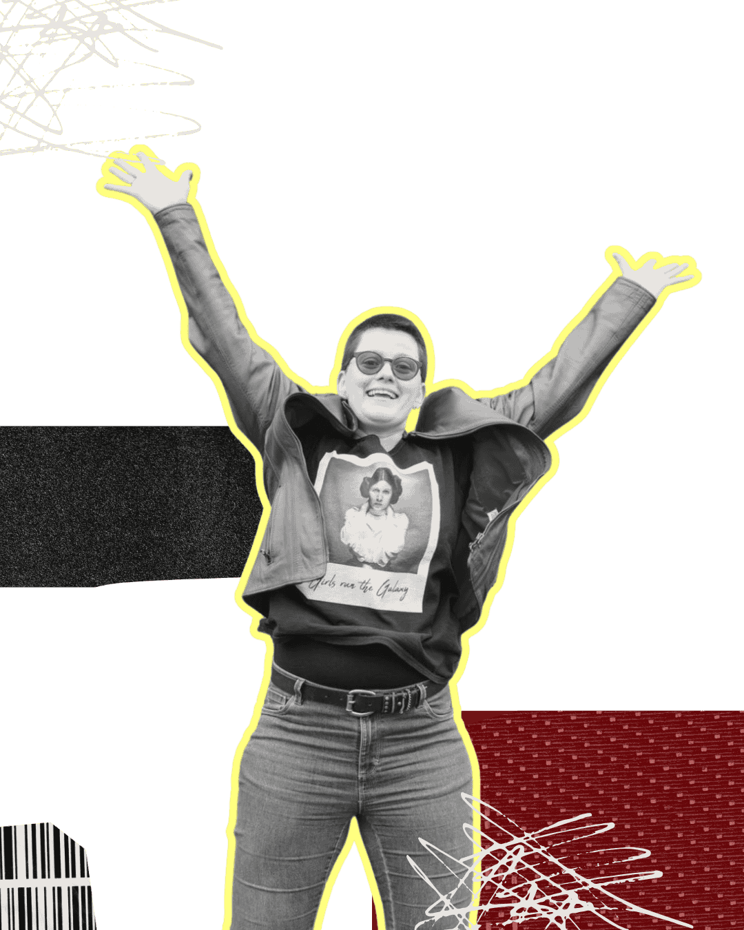 Junge Person mit Sonnenbrille und geöffneter Jacke, die die Arme hochhebt, vor einem Hintergrund mit schwarzen, roten und weißen Elementen.