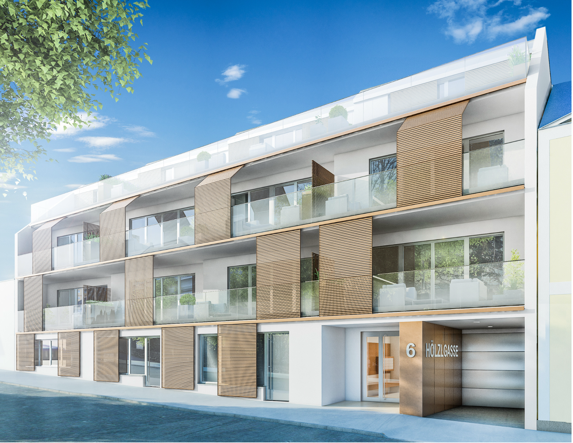 Modernes Mehrfamilienhaus mit Balkon und Holzverkleidung, blaue Himmel, Baum im Vordergrund, Adresse 6 Hölzgasse sichtbar.