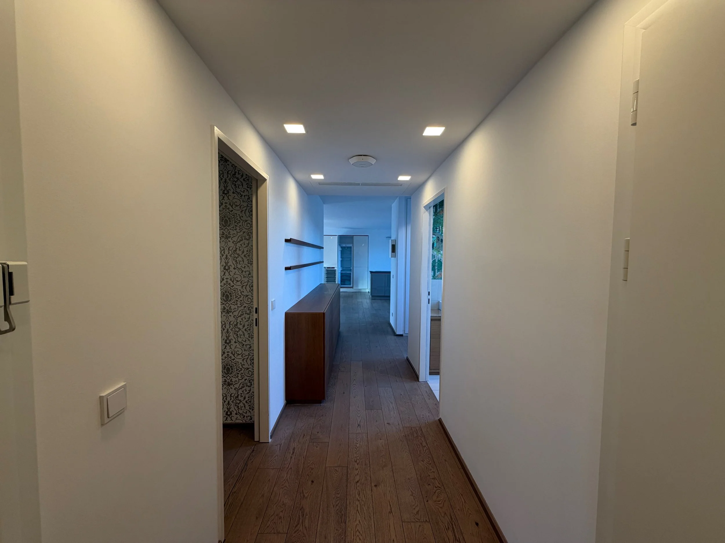 Ein heller Flur in einem modernen Haus mit weißen Wänden, Holzboden und Deckenleuchten, Blick auf eine Tür und eine Fenster im Hintergrund.