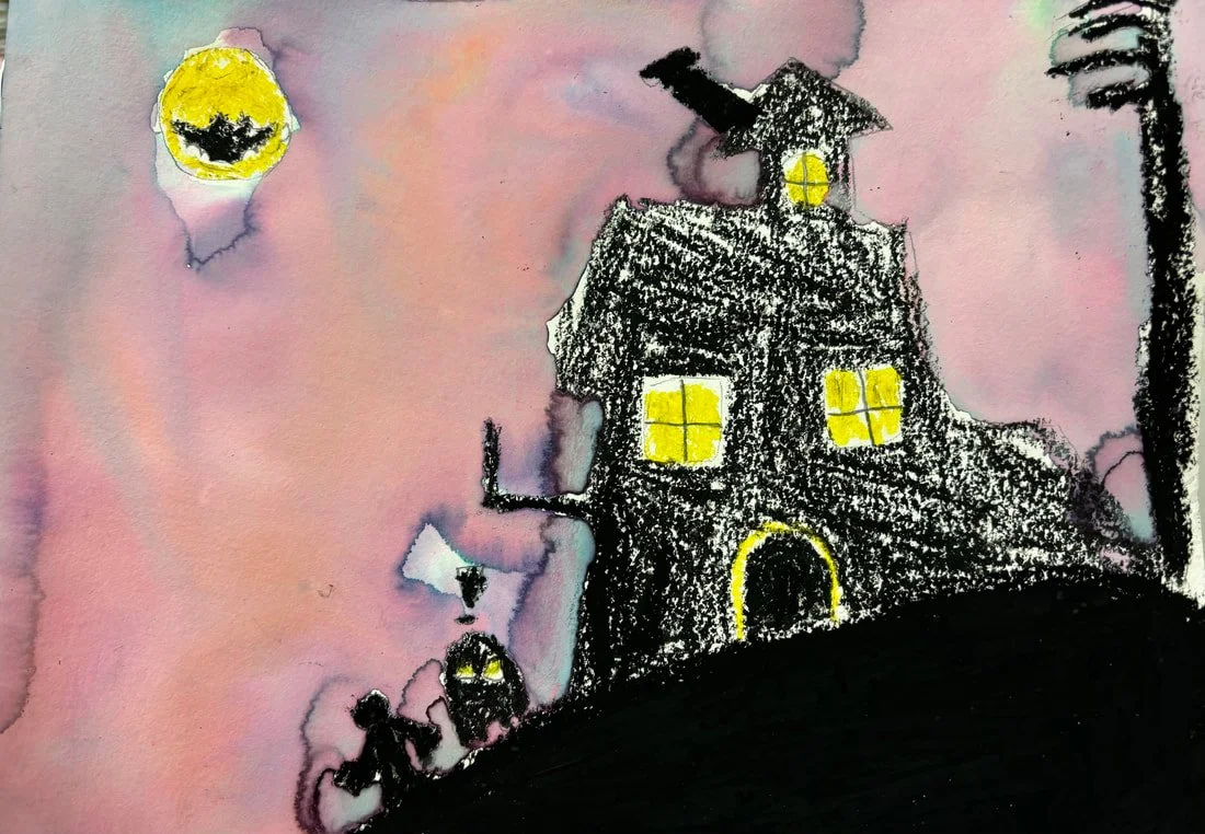 A childlike drawing of a spooky haunted house with yellow windows, a yellow door, and an orange outline, set against a purple and pink sky with a full moon and bats. Two small figures with glowing eyes are near the house, and there is a tall, black t
