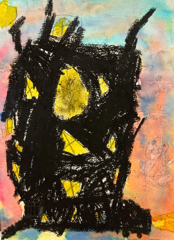 A child's drawing of a tall black structure with yellow windows or panels against a colorful background of pink, orange, blue, and green.