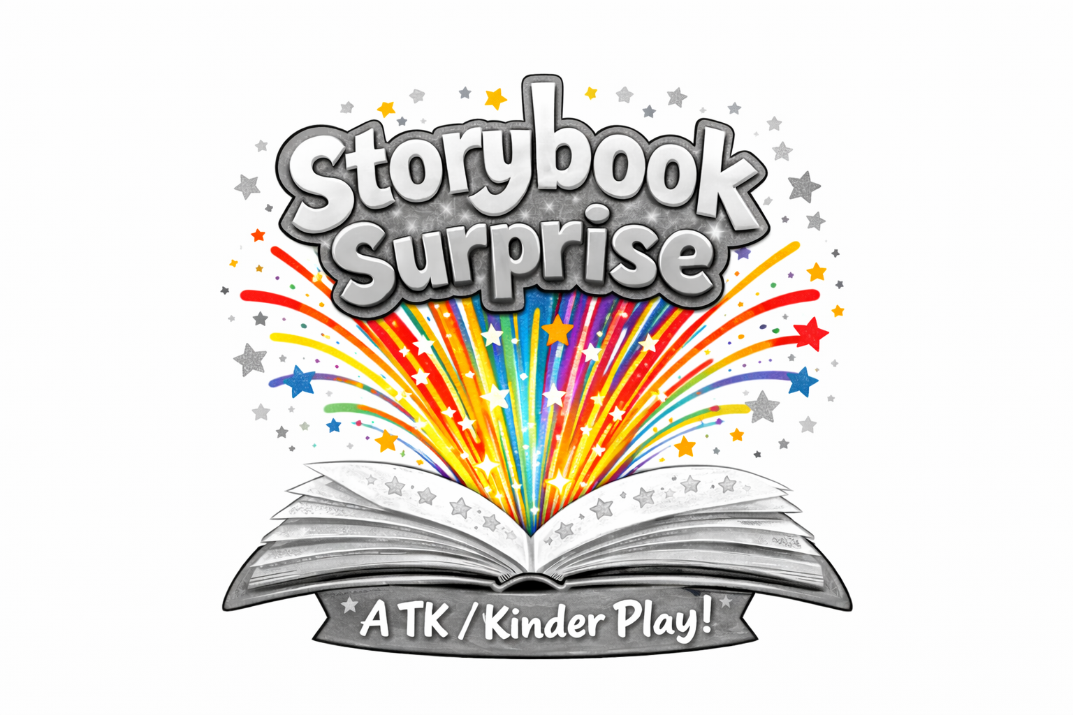 Colorful open storybook with rainbow-colored fireworks and stars bursting out, with the words 'storybook surprise' above and 'A TK / Kinder Play!' below.